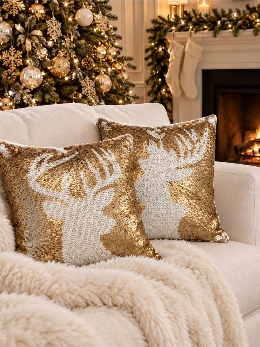 2 Sparkly Sequin Reindeer Cushions Holiday Winter Christmas Home Decor Pillows